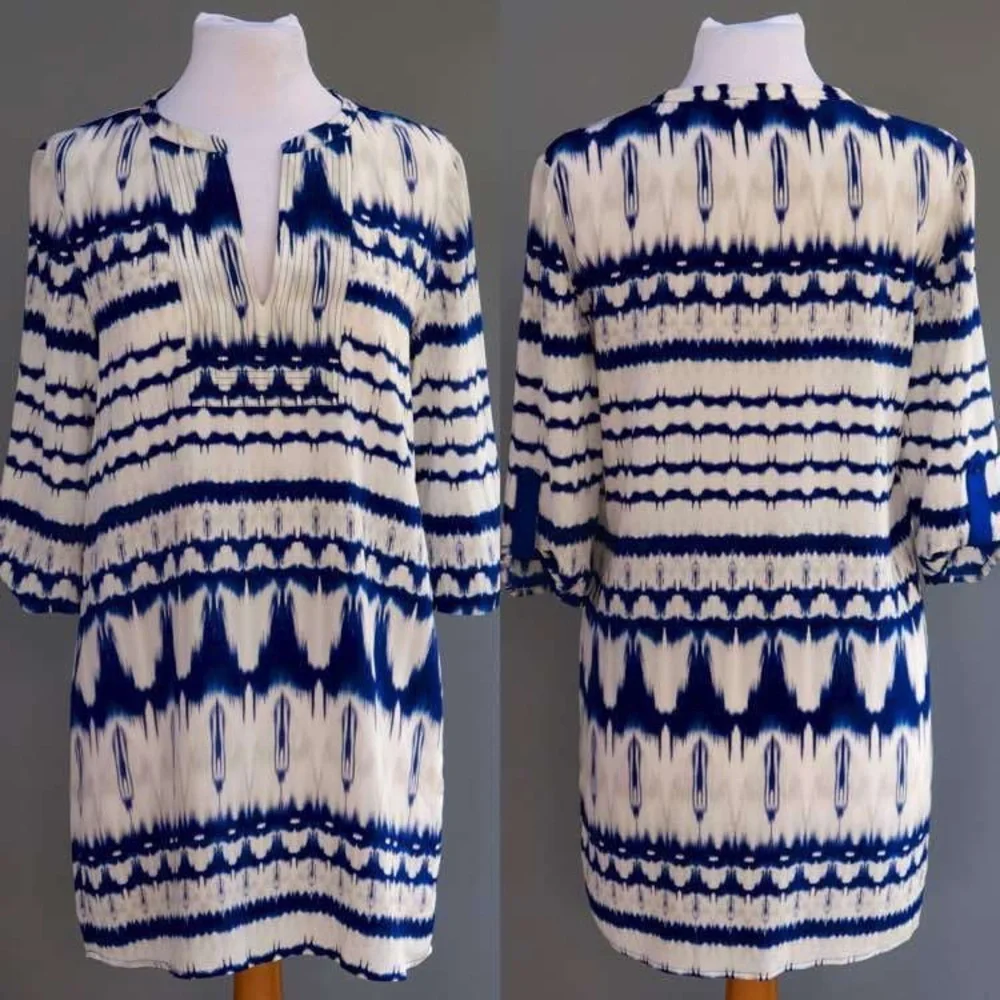 Michael Stars 100% Silk Indigo Blue & Cream Hippie Tie Dye Tunic Shirt Dress M